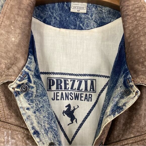 PREZZIA JEANS Jacket Women M Vintage Leather Patch Acid Wash Denim Adjust-Belt - Picture 4 of 16